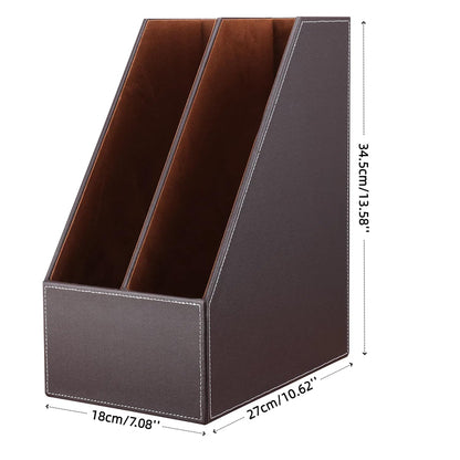 KINGFOM Wooden Leatherette Desktop File Folder Organizer and Document File Stand Journals Magazine Rack 2 Slots (brown)