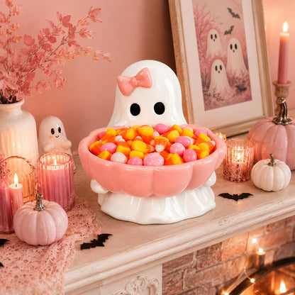 Reallnaive Halloween Candy Bowl Pink Bow Ghost Shaped Ceramic Candy Dish Ghost Serving Tray Cute Halloween Tabletop Decoration Cookie Jar for Party Supply