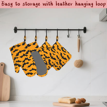 Halloween Bat Heat-Resistant Silicone Oven Mitts and Pot Holders 4 Piece Set,Extra Long Non-Slip Kitchen Oven Gloves for Cooking, Baking, BBQ,Grilling