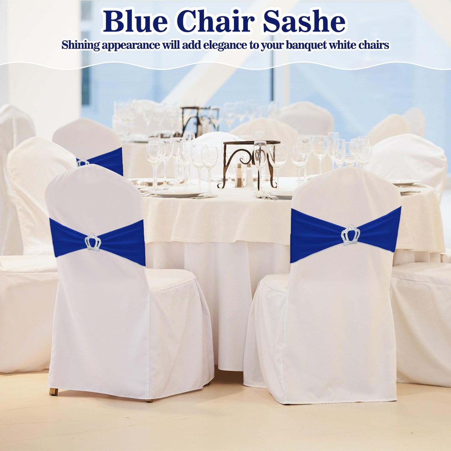 Cinnvoice 150 Pcs Spandex Chair Sashes Stretch Chair Covers with Crown Buckle Elastic Chair Bows Ties with Buckle Slider for Wedding Banquet Party Event Decoration(Royal Blue)