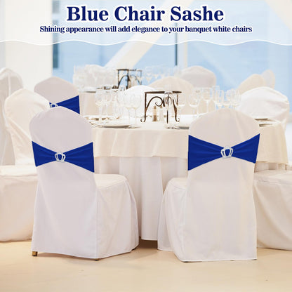 Cinnvoice 150 Pcs Spandex Chair Sashes Stretch Chair Covers with Crown Buckle Elastic Chair Bows Ties with Buckle Slider for Wedding Banquet Party Event Decoration(Royal Blue)