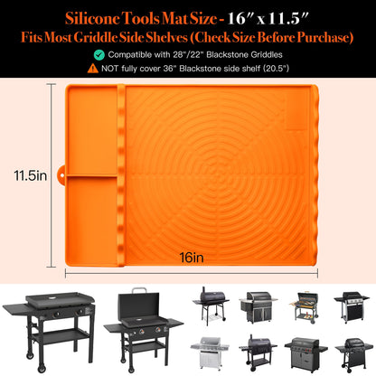 Silicone Grill Mat for Blackstone - BBQ Griddle Tools Side Mat with Drip Pad, Griddle Tools Mat for Outdoor Kitchen Countertop, BBQ Grill Accessories Gifts for Men (Orange)