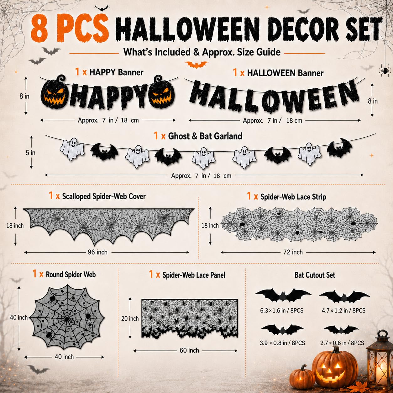 8Pack Halloween Decorations Indoor Halloween Decor, Spider Web Table Cloth/Black Lace Table Runner, Fireplace Mantel Scarf, Cobweb Lampshade with 3D Bat Wall Stickers, Halloween Spooky Home Decor.