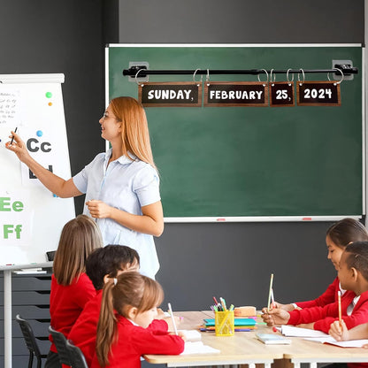 Flip Calendar Bulletin Board Set Classroom Decorations for Whiteboard with Adjustable Flip Calendar Rod Holder Date Cards Days of The Week for Classroom School Supplies(Rustic)