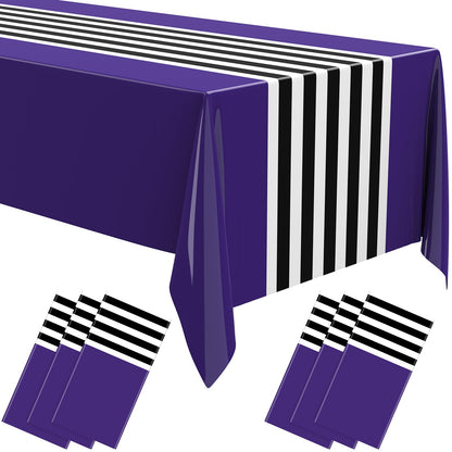 Oudain 6 Pcs Striped Tablecloth 108 x 54 Inch Disposable Plastic Table Cloth Waterproof Tablecloth Rectangle Table Cover for Halloween Birthday Wedding Bridal Party Supplies (Black White Purple)
