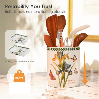 ACMLIFE Extra Large Cooking Utensil Holder, 7.3" Kitchen Utensil Holder for Countertop, Utensil Crock for Farmhouse Kitchen Decor, Ceramic Stable Utensil Caddy, Floral (Iris)