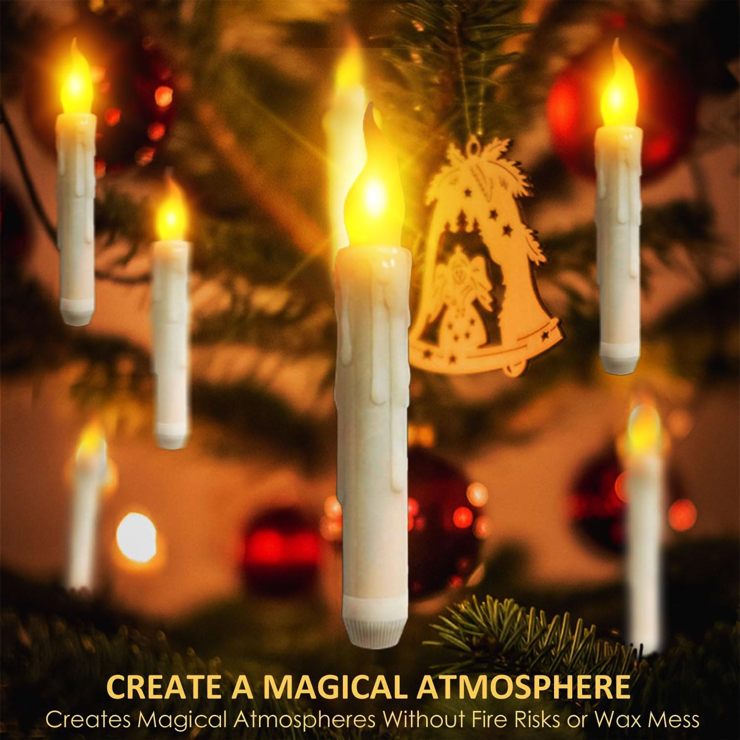 Floating Candles with Magic Wand Remote - 12 Pack Ivory Battery Operated Flickering Hanging Flameless LED Candle Lights,Realistic Taper Candles with String for Halloween,Christmas,Windows,Ceiling
