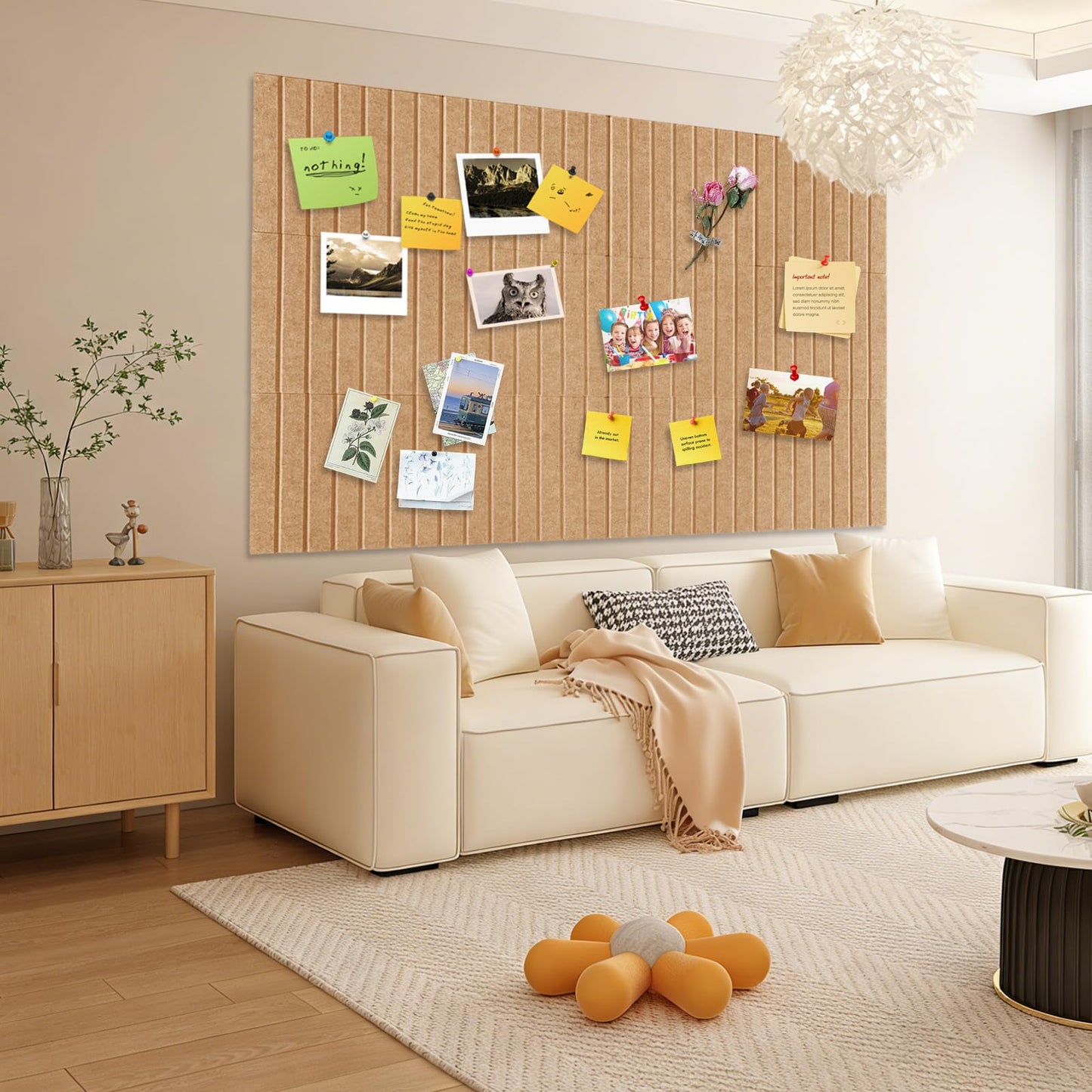 15 Pack Felt Bulletin Board, 35" x 59" Large Camel Pinboard with 30 Push Pins, Felt Pin Board, Self-Adhesive Cork Board Tiles for Home, Office Walls, School Classroom Message Photos Display
