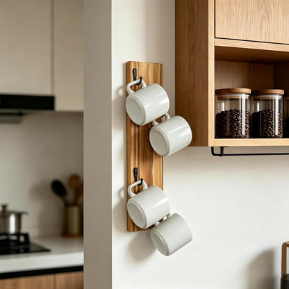 Yohsnor Coffee Mug Wall Rack - Stylish Wooden Cup Holder & Wall-Mounted Organizer with Hooks | Perfect Storage Solution for Small Spaces & Kitchen Coffee Corners