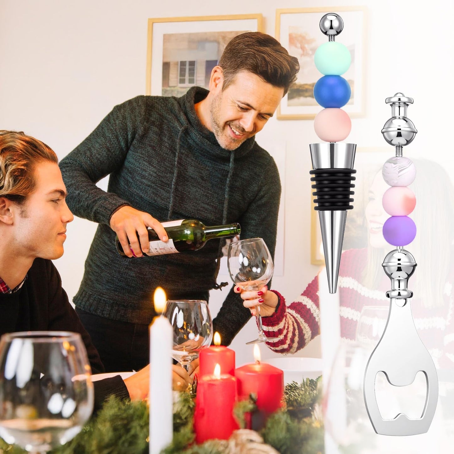 20 Pcs Beadable Wine Stoppers and Beadable Bottle Opener Set - 10 Reusable Decorative Wine Bottle Stoppers & 10 Alloy Openers for DIY Crafts, Wedding, Bar Party Favors, Holiday Gifts