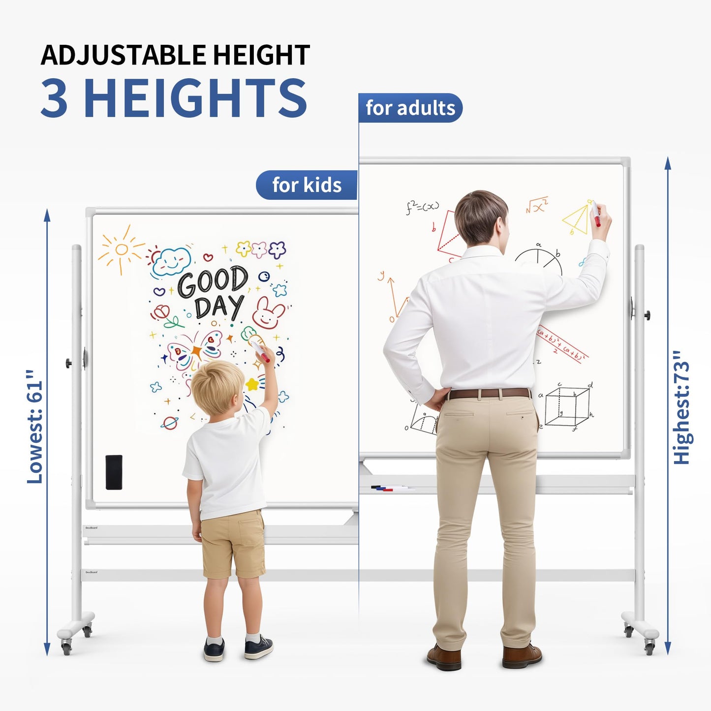 DexBoard Large Double Sided Whiteboard 72x40 inches on Wheels, Height Adjustable Mobile Magnetic Dry Erase Board with Rolling Stand for Office Meetings, Classroom Teaching, Home, Silver Frame