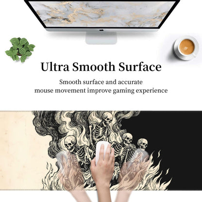Gaming Mouse Pad Large, Gothic Skeleton Burning in Fire Desk Pad, 31.5x11.8 in Extended Mousepad Non-Slip Rubber Base Waterproof Matte for Office