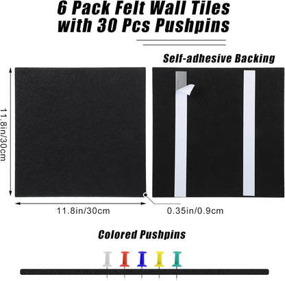 Large Cork Board 36" x 24", 6 Pack Felt Wall Tiles with 30 Pcs Pushpins, Bulletin Board with Removable Self-Adhesive Strips, Pin Boards Cork Boards for Walls Office Home Classroom Decor-Black