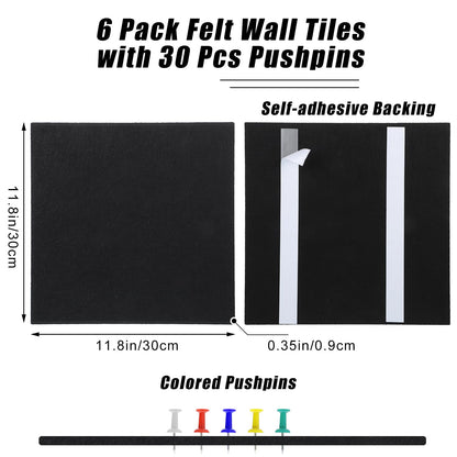Large Cork Board 36" x 24", 6 Pack Felt Bulletin Board with 30 Pushpins, Cork Boards Alternative with Self-Adhesive Strips, Felt Wall Tiles Pin Boards for Walls Office Home School Decor-Black