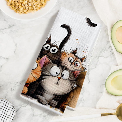3 Pcs Cute Cat Kitchen Towels, Cats Soft Absorbent Hand Tea Towel, Microfiber Dish Cloths for Drying Dishes, Waffle Dish Towels for Kitchen Home Bathroom Decor, Cat Lover Gifts for Women Mom