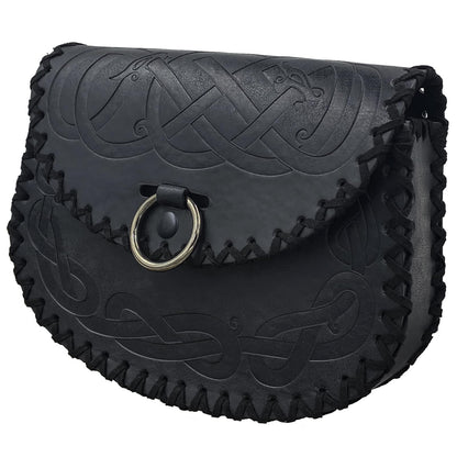 HiiFeuer Viking Embossed Belt Bag, Vintage Medieval Faux Leather Side Pack, Middle Ages Portable Belt Pouch For LARP Ren Faire (Black A)