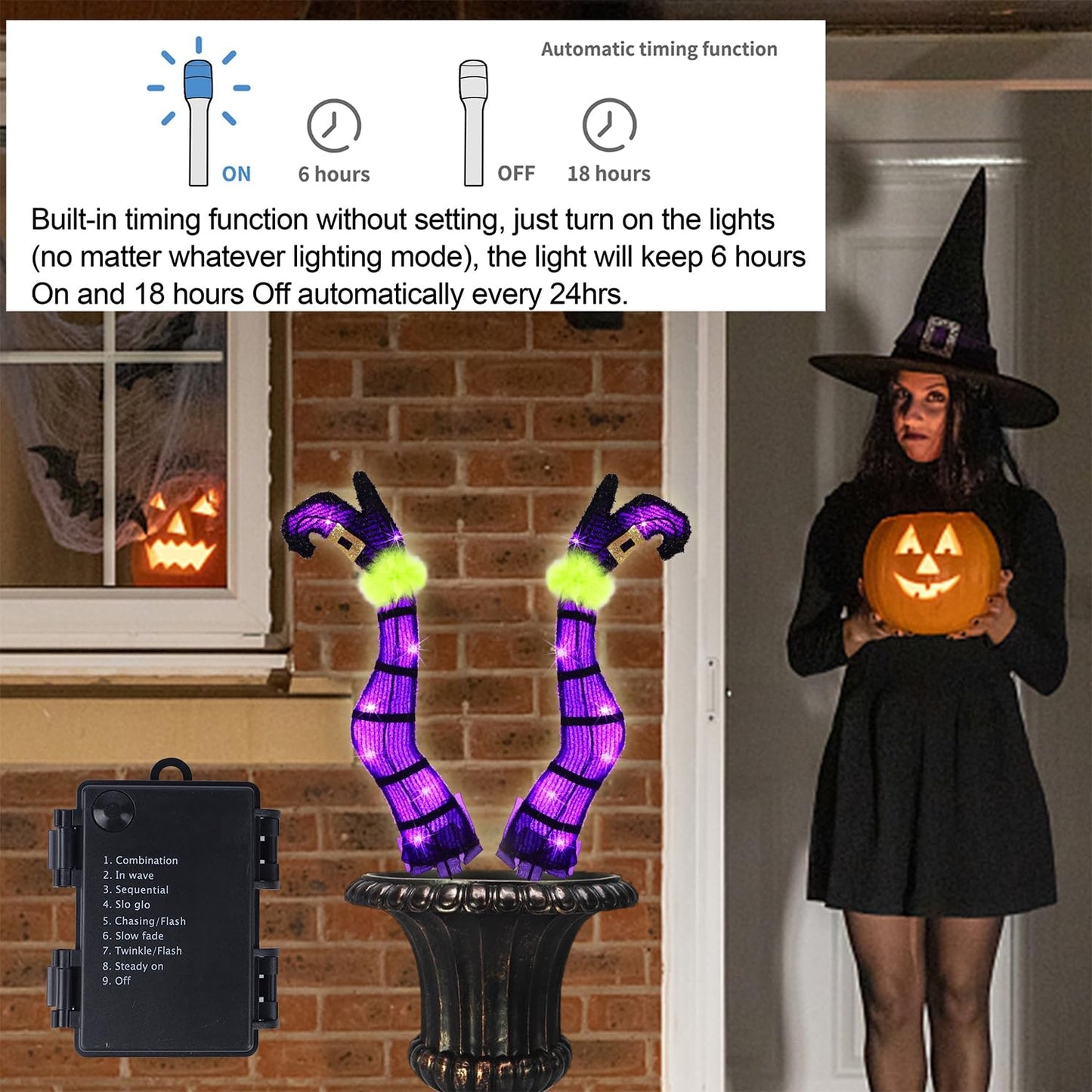 Juegoal Set of 2 Halloween Lighted Wicked Purple Witch Legs with Stakes, 22" Light Up Tinsel Halloween Yard Sign Prop Timer & 8 Modes, Battery Operated for Outdoor Party Haunted House Garden Decor