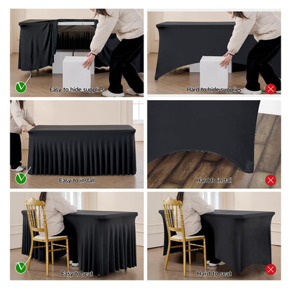 Outpain Wrinkle Free Spandex Tablecloth for 6 Foot Rectangle Tables, 8 Pack Black Fitted Table Cloths 6ft Stretchy Banquet Table Clothes Cover Desk Skirt for Birthday Wedding Parties Baby Shower