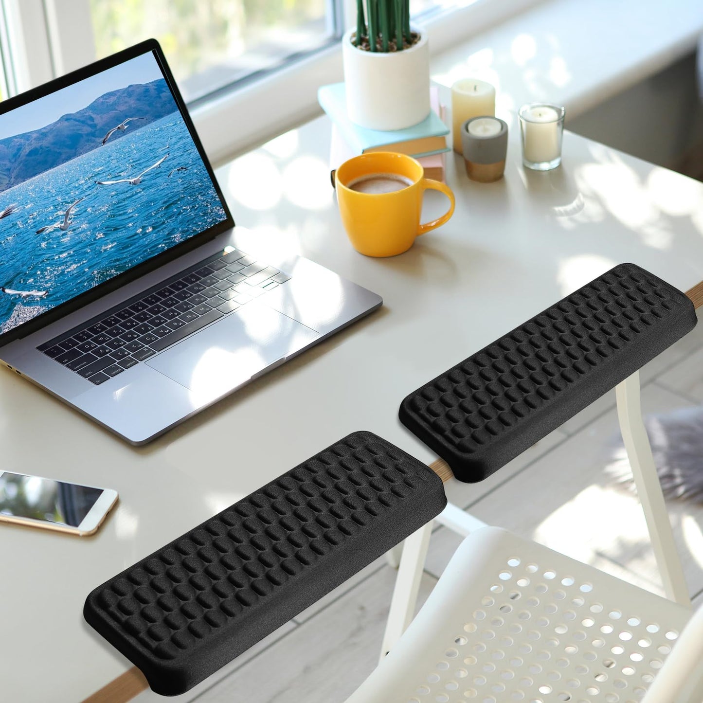 Arm Rest for Desk, L-Shaped Memory Foam Elbow Pads with Non-Slip Base, 2-Piece Ergonomic Desk Edge Cushion & Wrist Rest for Computer Keyboard, Office and Home Use