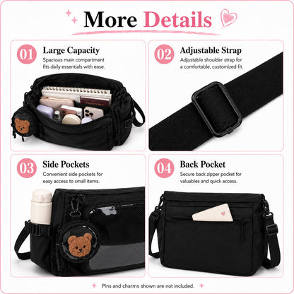 Inshere Ita Crossbody Bag, Nylon Messenger Bag with Clear Display Window and Detachable Pin Display Bag, Kawaii Shoulder Purse with Multiple Pockets, Black