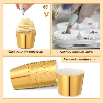 Meanplan 100 Pcs Graduation Cupcake Liners Cupcake Wrappers Foil Baking Cups Sturdy Muffin Baking Cups for Class of 2026 Wedding Birthday Grad Party Decoration, 1.97 x 1.77 Inch (Gold)