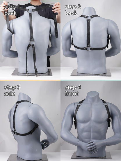 Men Faux Leather Chest Harness, Adjustable Shoulder Strap Harness with Alloy Rings, Gothic Punk Fashion Body Accessory for Festival, Rave, Stage Outfit
