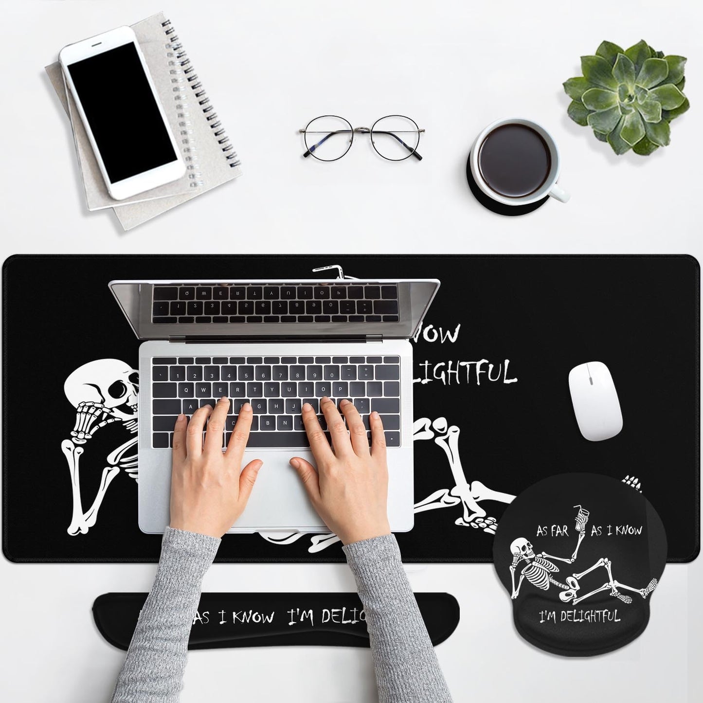 Britimes Black Skull Skeleton Keyboard Mouse Pad Set 4in1 Large Mousepad+Keyboard Wrist Rest+Mouse Wrist Rest+Coaster Set with Ergonomic Design for Home Office Computer 35.4x15.7 inches