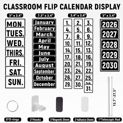 Upgraded 2-in-1 Flip Calendar for Classroom with Magnetic & Adhesive Fixing, Adjustable Magnetic Rod Flip Calendar for Whiteboard, Black and White Classroom Decor Bulletin Board Set (Black and White)