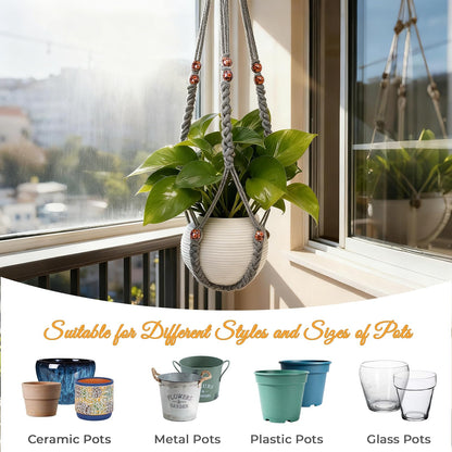 HOREAKHJ 35 Inch Macrame Plant Hanger, Large for up to 15 Inch Pot Extra Long Hanging Planter Holder Basket with Wood Beads for Indoor Outdoor Home Decor (Grey, 1-Pack)