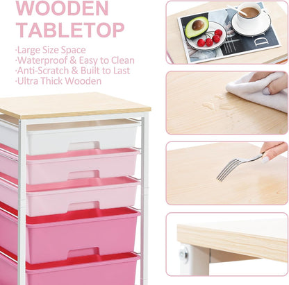 Utility Cart with 5 Drawers,Storage Drawer Cart with Wooden Tabletop and Lockable Wheels,Craft Storage Trolley Cart,5-Tier Rolling Utility Cart on Wheels,Rose Pink