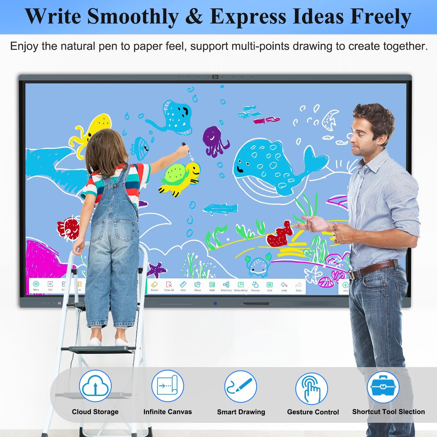 LINGHUFOX Smart Board, 86 Inch 4K Touch Screen Interactive Whiteboard Built in AI Camera and 8 Mics, All in One Computer with Windows i5 13th 16+256G & Android for Office Classroom Home(Board+Mini PC)
