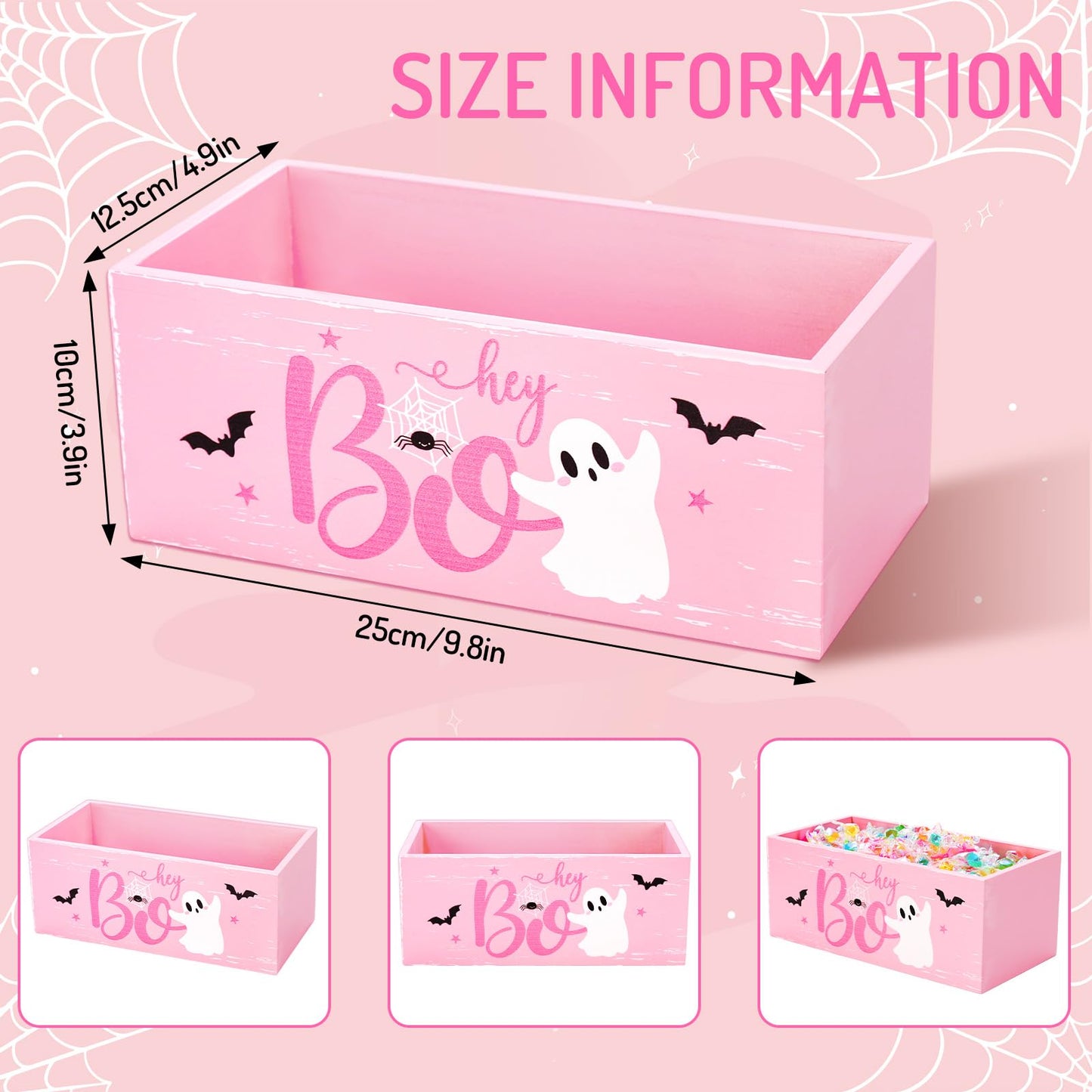 JarThenaAMCS Halloween Candy Bowl Cute Ghost Boo Candy Dish Holder Pink Wooden Serving Bowl for Table Home School Office Trick or Treat Party Decor
