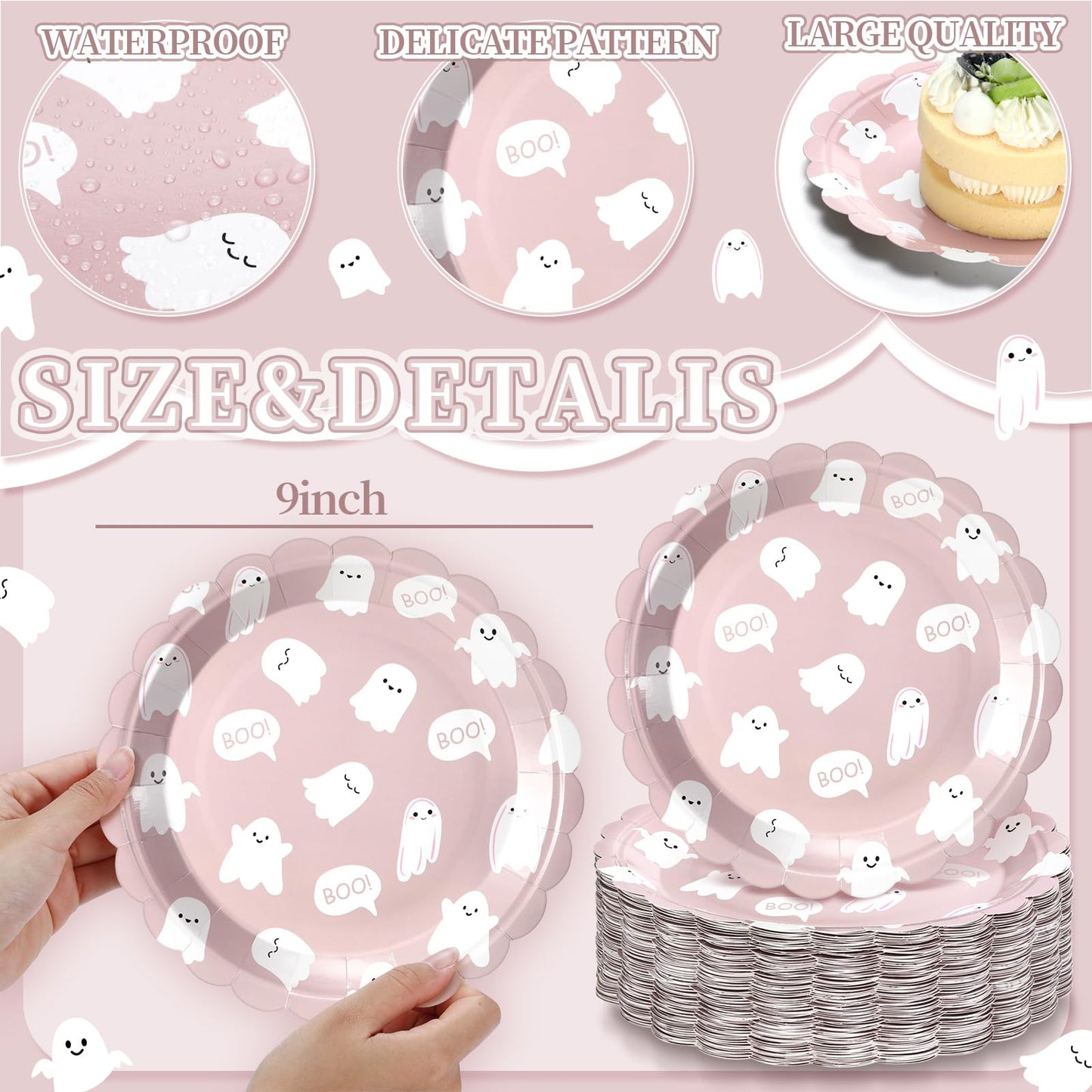 Havawish 100 Pcs Christmas Paper Plates Pink Ghost Boo Disposable Plates 9 Inch Cute Cartoon Ghost Tableware decorations for Christmas Happy Boo's Day Birthday Baby Shower Party Supplies