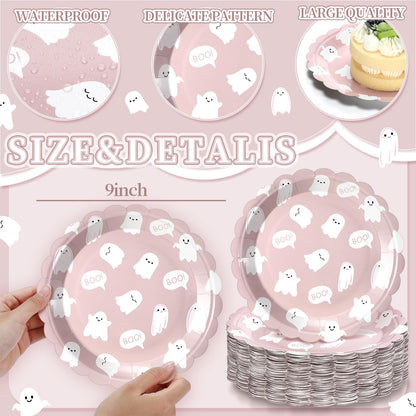Havawish 100 Pcs Christmas Paper Plates Pink Ghost Boo Disposable Plates 9 Inch Cute Cartoon Ghost Tableware decorations for Christmas Happy Boo's Day Birthday Baby Shower Party Supplies