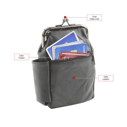 Leather Impressions Twist Clasp Leather Case - Compact Zipper Wallet for Cards, Cash, and Keys