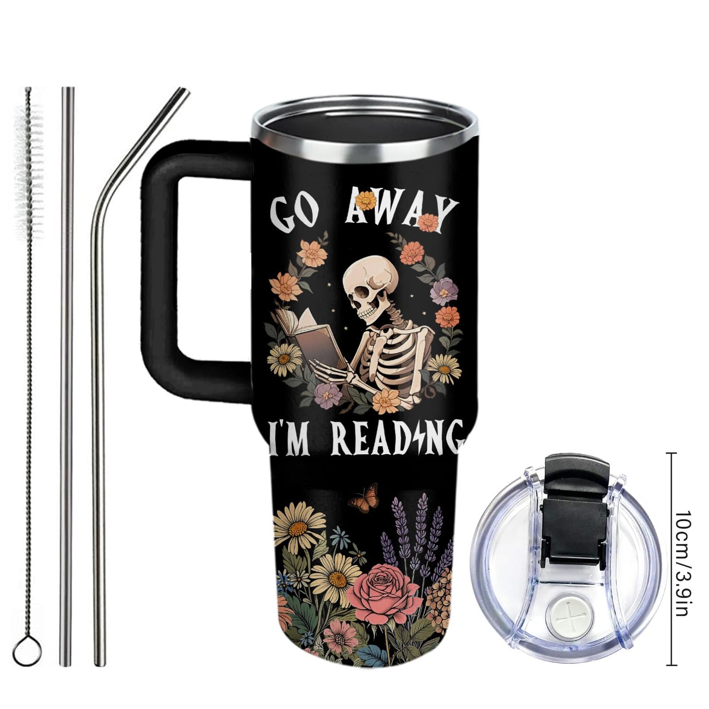 WWHSAI Skull Floral Tumbler 40oz with Lid & Straw - Go Away I'm Reading Skeleton Reading Gifts, Halloween Christmas Ghostface Decoration Horror Gifts Idea for Men Women Gothic Skulls