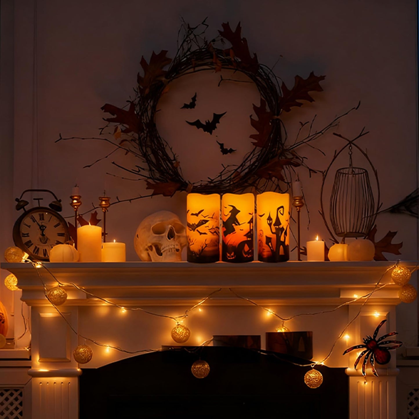 Hbaushun Halloween Flameless Candles 3 Pack with 6 Hour Timer,Battery Operated Real Wax LED Pillar Flickering Candles Warm Light with Castle, Witch, Bats Decal Halloween Decorations Candles