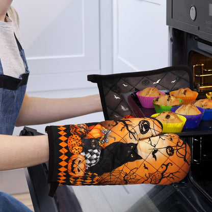 Arquiel Halloween Cat Oven Mitts and Pot Holders Sets 4Pcs, 100% Cotton Heat Resistant, Extra Long Oven Gloves Potholder for Kitchen Cooking Baking Decoration