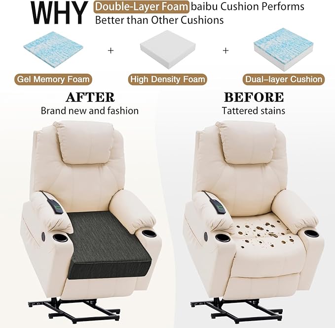 baibu Gel Memory Foam Recliner Cushions with Lumbar Support Pillow for Elderly, 20x20x5 Inch Thick Dual-Layer Patent Design Non-Slip Seat Cushion for Recliner Chair for Reduce Hip & Lumbar Pain, Black