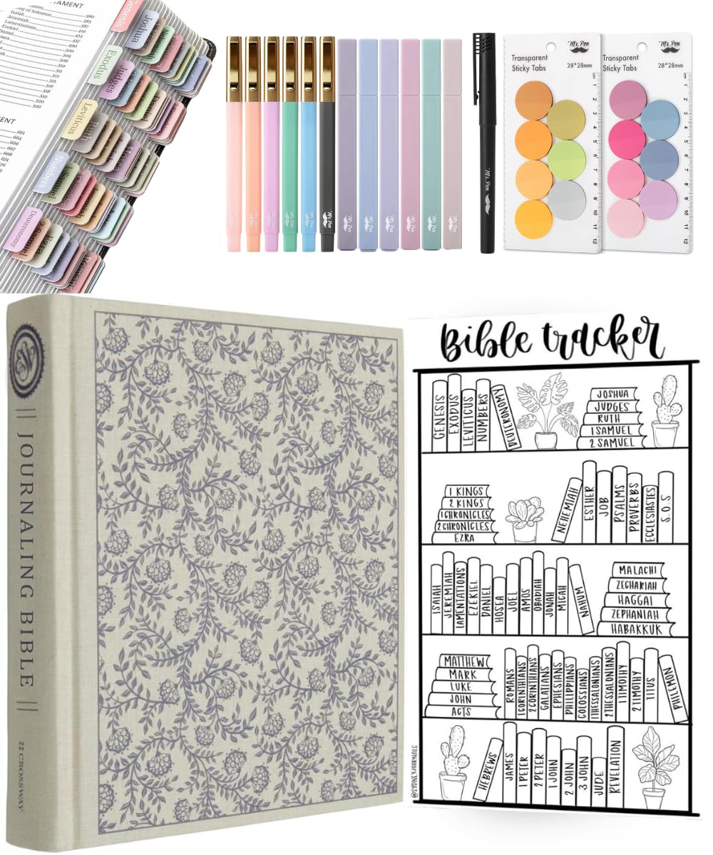 Mr. Pen- ESV Journaling Bible Gift Set for Women, 5-in-1 Note Taking Bundle, Aesthetic Highlighters Pens No Bleed, Tabs, Transparent Sticky Notes, Reading Tracker, Bible Study Accessories