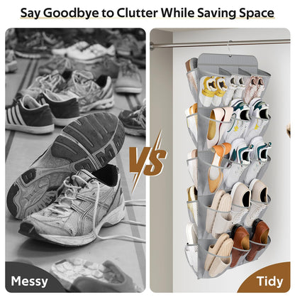 MISSLO 30 Large Pockets Dual Sided Hanging Shoe Organizer for Closet with Rotating Hanger Hanging Shoe Shelves, Grey