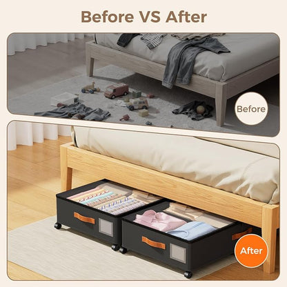 Under Bed Storage with Wheels, Large Capacity UnderBed Containers with Clear Lids, Shoe Organizer Under Bed Drawers, Rolling Under the Bed Storage for Clothes, Shoes, Blankets