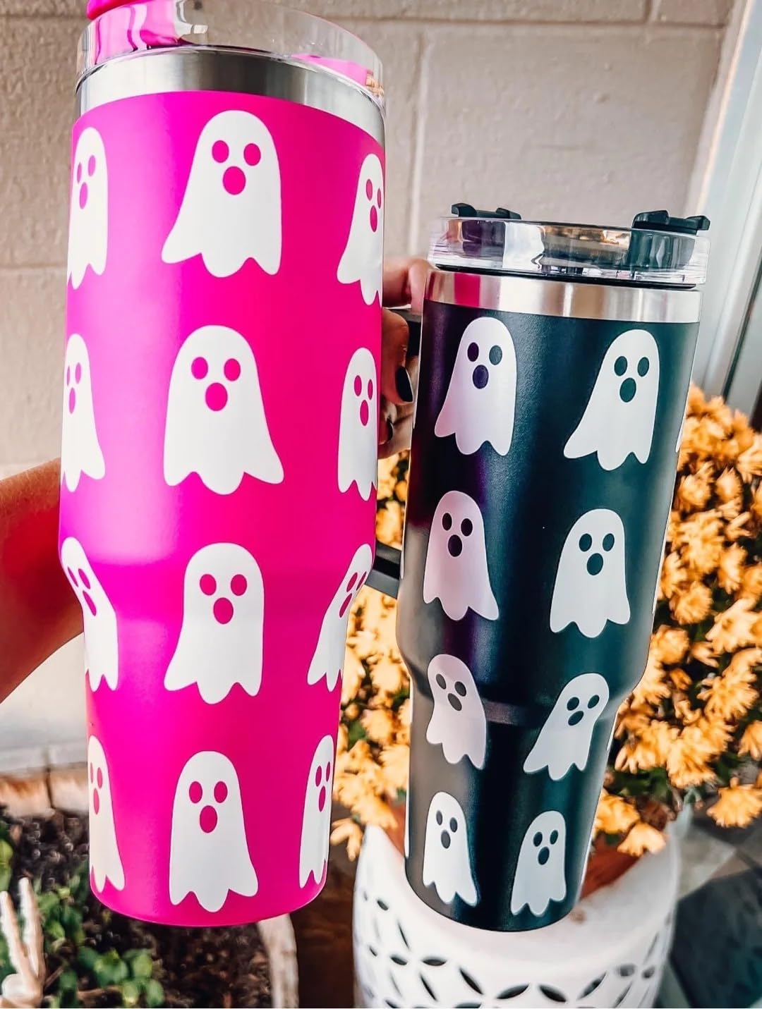 Lashicorn Ghost Boo 40 oz. Tumbler with Handle Black and White Halloween Modern Fall Cup with Lid and Straw Wrap Simply