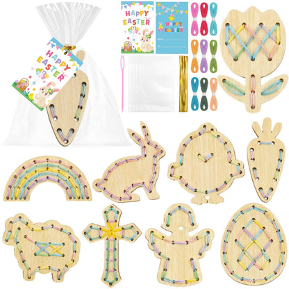 Capoda 18 Sets Easter Crafts for Kids Wooden Lacing Card Toys Easter Basket Stuffers Spring Basket Essentials with Colorful Threads for Girls Boys Spring Craft Activities Craft Kits Sewing