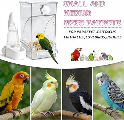 Automatic No Mess Bird Feeder and Water Dispenser Set, Acrylic Food Container and Drinker Bowl for Parrot Cage, Easy Clean Accessories for Parakeets Cockatiels Lovebirds and Other Small Pets