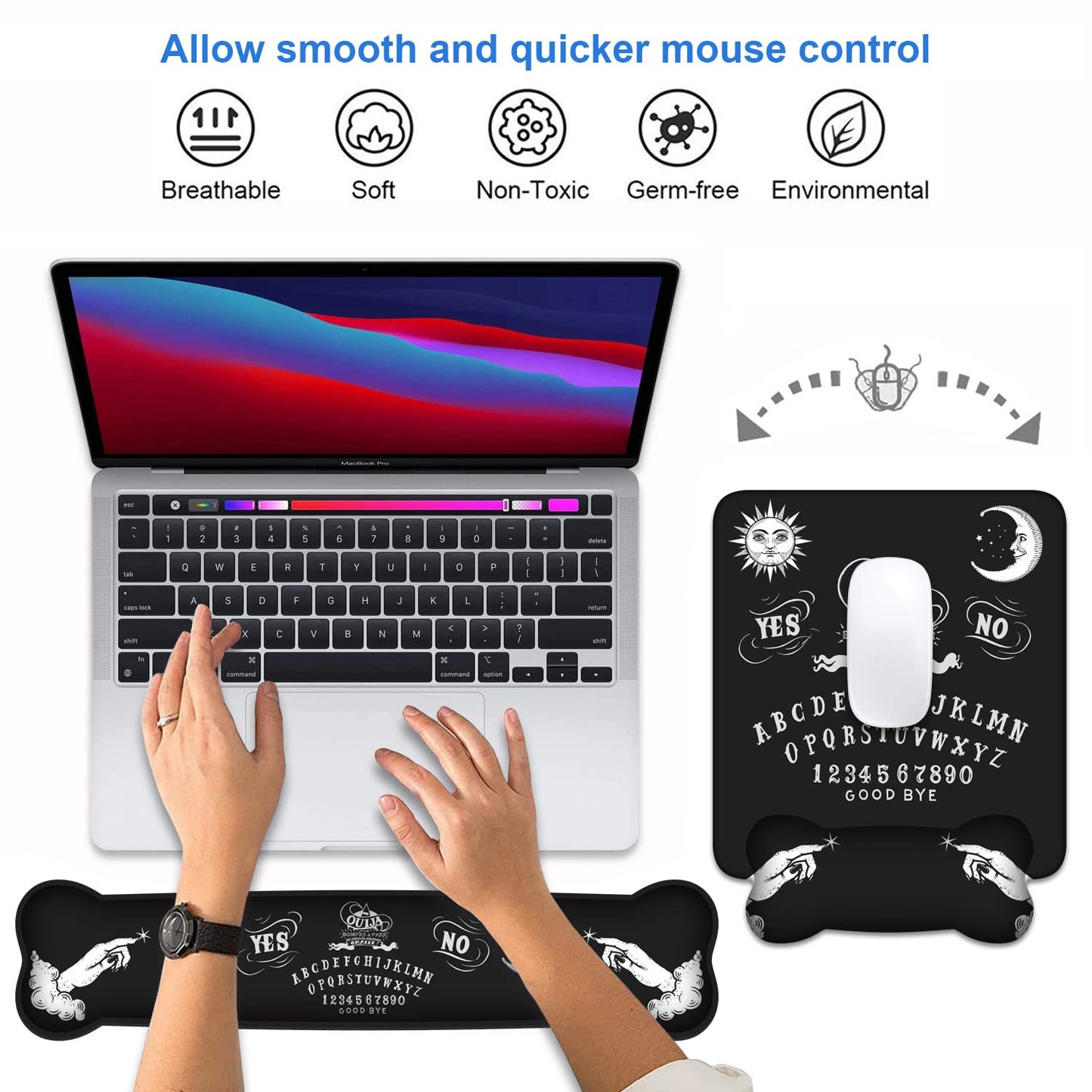 Wrist Rest Support Ergonomic Gel Mouse Pad & Memory Foam Keyboard Set, Non-Slip Rubber PU Base for Home Office Working Studying Easy Typing & Pain Relief, Ouija Board
