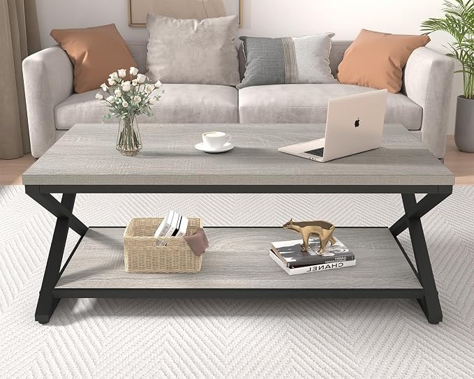 HSH Coffee Table with Storage, Farmhouse Grey Living Room Center Table, Industrial Wood and Metal Rectangle Coffee Tables, Simple Rustic 2 Tie Cocktail Tea Table for Home Office Bedroom, 47 Inch