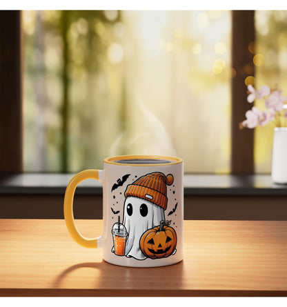 Cute Ghost Coffee Knit Pom Beanie Cuff Hat Pumpkin Halloween Ceramic Mug, Yellow/White