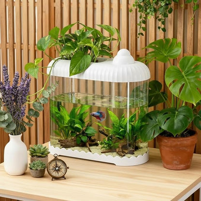 Geelin White 2 Gallon Plastic Aquaponic Betta Fish Tank Large Bowl Shatterproof Small Ecosystem Aquarium with Secure Buckle Lid, Clear Clarity for Terrarium, Flower Vase Betta Fish Tabletop Gifts