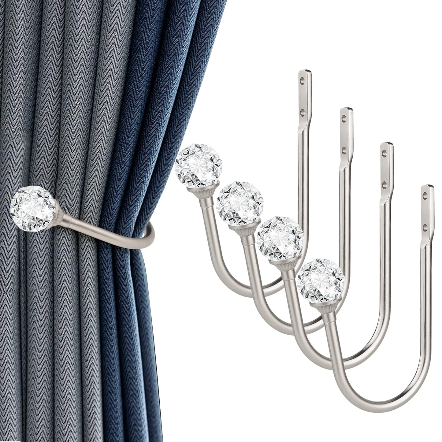gobutend Curtain Holdbacks, 4 pcs Curtain Tiebacks Hooks for Drapes with Clear Crystal Ball, Wall Mounted Window Curtain Holder for Home Decor, Silver